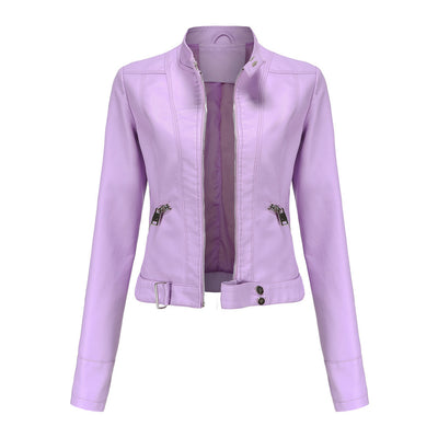 Ladies Leather Jacket With Stand-up Collar